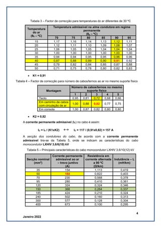 4
Janeiro 2022
Tabela 3 – Factor de correcção para temperaturas do ar diferentes de 30 ºC
Temperatura
do ar
(θ0 – ºC)
Temperatura admissível na alma condutora em regime
permanente
(θp – ºC)
70 75 80 85 90 95
15 1,17 1,16 1,14 1,13 1,12 1,11
20 1,12 1,11 1,10 1,09 1,08 1,07
25 1,06 1,05 1,05 1,04 1,04 1,04
30 1,00 1,00 1,00 1,00 1,00 1,00
35 0,94 0,94 0,95 0,95 0,96 0,96
40 0,87 0,88 0,89 0,90 0,91 0,92
45 0,79 0,82 0,84 0,85 0,87 0,88
50 0,71 0,75 0,78 0,80 0,82 0,83
• K1 = 0,91
Tabela 4 – Factor de correcção para número de cabos/ternos ao ar no mesmo suporte físico
Montagem
Número de cabos/ternos no mesmo
suporte físico
1 2 3 4 5
Tecto 0,95 0,81 0,72 0,68 0,66
Em caminho de cabos
com circulação de ar
1,00 0,88 0,82 0,77 0,75
Em consola 1,00 0,87 0,82 0,80 0,80
• K2 = 0,82
A corrente permanente admissível (IC) no cabo é assim:
IC = In / (K1xK2) ↔ IC = 117 / (0,91x0,82) ≈ 157 A
A secção dos condutores do cabo, de acordo com a corrente permanente
admissível tira-se da Tabela 5, onde se indicam as características do cabo
monocondutor LXHIV 3,6/6(10) kV
Tabela 5 – Principais características do cabo monocondutor LXHIV 3,6/10(12) kV
Secção nominal
(mm2
)
Corrente permanente
admissível ao ar
– trevo juntivo
(A)
Resistência em
corrente alternada
a 90 ºC
(Ω/km)
Indutância – L
(mH/km)
35 154 1,113 0,419
50 184 0,822 0,403
70 230 0,568 0,378
95 280 0,410 0,361
120 324 0,324 0,346
150 368 0,264 0,337
185 424 0,210 0,324
240 502 0,160 0,313
300 577 0,128 0,304
400 673 0,100 0,295
 