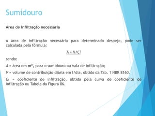 Área de infiltração necessária
A área de infiltração necessária para determinado despejo, pode ser
calculada pela fórmula:
A = V/Ci
sendo:
A = área em m², para o sumidouro ou vala de infiltração;
V = volume de contribuição diária em I/dia, obtido da Tab. 1 NBR 8160.
Ci = coeficiente de infiltração, obtido pela curva de coeficiente de
infiltração ou Tabela da Figura 06.
Sumidouro
 