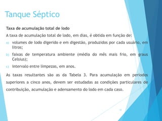 Tanque Séptico
Taxa de acumulação total de lodo
A taxa de acumulação total de lodo, em dias, é obtida em função de:
a) volumes de lodo digerido e em digestão, produzidos por cada usuário, em
litros;
b) faixas de temperatura ambiente (média do mês mais frio, em graus
Celsius);
c) intervalo entre limpezas, em anos.
As taxas resultantes são as da Tabela 3. Para acumulação em períodos
superiores a cinco anos, devem ser estudadas as condições particulares de
contribuição, acumulação e adensamento do lodo em cada caso.
33
 