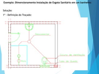 Solução:
1º - Definição do Traçado:
Exemplo: Dimensionamento Instalação de Esgoto Sanitário em um banheiro:
 
