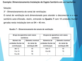 Solução:
3º - Dimensionamento do ramal de ventilação:
O ramal de ventilação será dimensionado para atender o desconector e o vaso
sanitário auto-sifonado. Assim, entrando no Quadro 7 com 10 unidades Hunter
geradas nesta instalação tem-se DN = 40 mm.
Exemplo: Dimensionamento Instalação de Esgoto Sanitário em um banheiro:
 