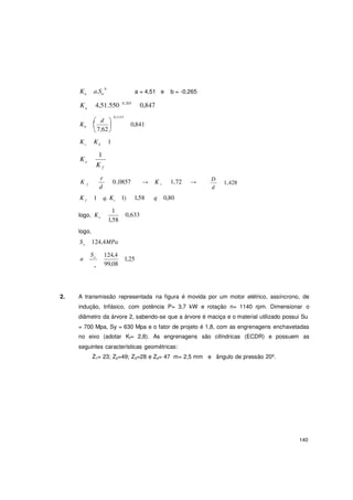 140
b
a
Ka a.Su a = 4,51 e b = -0,265
K 4,51.550 0,265
0,847
 d
Kb 
0,1133

 0,841
 7,62
Kc Kd 1
K
1
e
K f
K
r
0,0857f
d
→ K t 1,72 → D
1,428
d
K f 1 q. Kt 1) 1,58 q 0,80
logo, Ke
logo,
1
1,58
0,633
Se 124,4MPa
n
Se
a
124,4
99,08
1,25
2. A transmissão representada na figura é movida por um motor elétrico, assíncrono, de
indução, trifásico, com potência P= 3,7 kW e rotação n= 1140 rpm. Dimensionar o
diâmetro da árvore 2, sabendo-se que a árvore é maciça e o material utilizado possui Su
= 700 Mpa, Sy = 630 Mpa e o fator de projeto é 1,8, com as engrenagens enchavetadas
no eixo (adotar Kf= 2,8). As engrenagens são cilíndricas (ECDR) e possuem as
seguintes características geométricas:
Z1= 23; Z2=49; Z3=28 e Z4= 47 m= 2,5 mm e ângulo de pressão 20º.
 