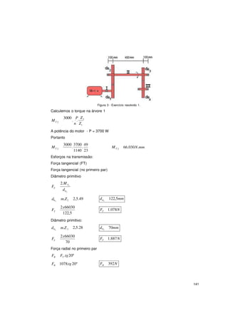 141
F
T
0
0
0 2
0 3
Figura 3 - Exercício resolvido 1.
Calculemos o torque na árvore 1
3000 P Z2
MT 2
. .
n Z1
A potência do motor - P = 3700 W
Portanto
3000
.
3700
.
49
MT 2
1140 23
MT 2
66.030N.mm
Esforços na transmissão:
Força tangencial (FT)
Força tangencial (no primeiro par)
Diâmetro primitivo
2.M 2
T
d 2
d m.Z2
2,5.49 d02
122,5mm
F
2x66030
T
122,5
FT 1.078N
Diâmetro primitivo:
d m.Z3
2,5.28 d 70mm3
F
2x66030
T
70
FT 1.887N
Força radial no primeiro par
FR FT .tg20º
FR 1078.tg 20º FR 392N
 