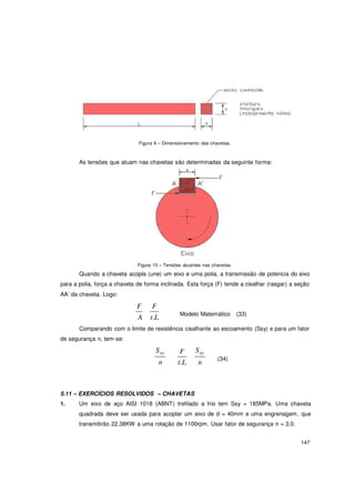 147
Figura 9 – Dimensionamento das chavetas.
As tensões que atuam nas chavetas são determinadas da seguinte forma:
Figura 10 – Tensões atuantes nas chavetas.
Quando a chaveta acopla (une) um eixo e uma polia, a transmissão de potencia do eixo
para a polia, força a chaveta de forma inclinada. Esta força (F) tende a cisalhar (rasgar) a seção
AA’ da chaveta. Logo:
F F
A t.L Modelo Matemático (33)
Comparando com o limite de resistência cisalhante ao escoamento (Ssy) e para um fator
de segurança n, tem-se:
Ssy
n
F
t.L
Ssy
n
(34)
5.11 – EXERCÍCIOS RESOLVIDOS – CHAVETAS
1. Um eixo de aço AISI 1018 (ABNT) trefilado a frio tem Ssy = 185MPa. Uma chaveta
quadrada deve ser usada para acoplar um eixo de d = 40mm e uma engrenagem, que
transmitirão 22,38KW a uma rotação de 1100rpm. Usar fator de segurança n = 3,0.
 