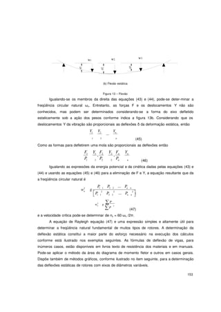 153
w 2
d1
d2
d3
n
W1 W2 W3
(b) Flexão estática
Figura 13 – Flexão
Igualando-se os membros da direita das equações (43) e (44), pode-se deter-minar a
freqüência circular natural ωn. Entretanto, as forças F e os deslocamentos Y não são
conhecidos, mas podem ser determinados considerando-se a forma do eixo defletido
estaticamente sob a ação dos pesos conforme indica a figura 13b. Considerando que os
deslocamentos Y da vibração são proporcionais as deflexões δ da deformação estática, então
Y1 Y2
...
Yn
1 2 n (45)
Como as formas para defletirem uma mola são proporcionais as deflexões então
F1 Y1
,
F2 Y2
,
Fn Yn
P1 1 P2 2 Pn n (46)
Igualando as expressões da energia potencial e da cinética dadas pelas equações (43) e
(44) e usando as equações (45) e (46) para a eliminação de F e Y, a equação resultante que da
a freqüência circular natural é
w2
g
P1 1 P2 2 ... Pn n
n
P 2
P 2
... P 2
 1 1 2 2 n n 
2
g
∑P
∑P
(47)
e a velocidade critica pode-se determinar de nc = 60 ωn /2π.
A equação de Rayleigh equação (47) e uma expressão simples e altamente útil para
determinar a freqüência natural fundamental de muitos tipos de rotores. A determinação da
deflexão estática constitui a maior parte do esforço necessário na execução dos cálculos
conforme está ilustrado nos exemplos seguintes. As fórmulas de deflexão de vigas, para
inúmeros casos, estão disponíveis em livros texto de resistência dos materiais e em manuais.
Pode-se aplicar o método da área do diagrama de momento fletor e outros em casos gerais.
Dispõe também de métodos gráficos, conforme ilustrado no item seguinte, para a determinação
das deflexões estáticas de rotores com eixos de diâmetros variáveis.
 