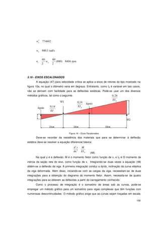 158
n
w2
774602
wn 880,1 rad/s
n
60
w
60
(880) 8404 rpmc
2
n
2
5.16 - EIXOS ESCALONADOS
A equação (47) para velocidade crítica se aplica a eixos de rotores do tipo mostrado na
figura 10a, no qual o diâmetro varia em degraus. Entretanto, como IA é variável em tais casos,
não se derivam com facilidade para as deflexões estáticas. Pode-se usar um dos diversos
métodos gráficos, tal como o seguinte.
0,14
EI
0,14
EIA
0,28
EIA
Figura 16 – Eixos Escalonados
Deve-se recordar da resistência dos materiais que para se determinar à deflexão
estática deve-se resolver a equação diferencial básica:
d2
y M
dx2
EIA (48)
Na qual y é a deflexão, M é o momento fletor como função de x, e IA é O momento de
inércia da seção reta do eixo, como função de x. Integrando-se duas vezes a equação (48)
obtém-se a deflexão da viga. A primeira integração conduz a dy/dx, inclinação da curva elástica
da viga deformada. Além disso, iniciando-se com as cargas da viga, necessitam-se de duas
integrações para a obtenção do diagrama do momento fletor. Assim, necessita-se de quatro
integrações para se obterem as deflexões a partir do carregamento conhecido.
Como o processo de integração é o somatório de áreas sob as curvas, pode-se
empregar um método gráfico para um somatório para vigas complexas que têm funções com
numerosas descontinuidades. O método gráfico exige que as curvas sejam traçadas em escala
 