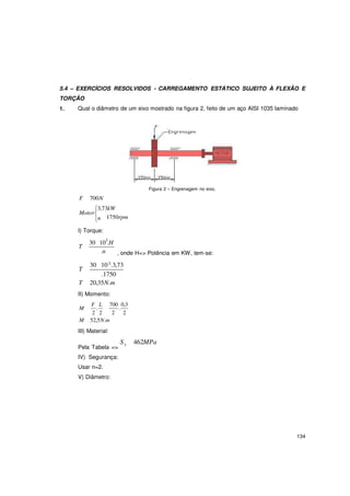134
5.4 – EXERCÍCIOS RESOLVIDOS - CARREGAMENTO ESTÁTICO SUJEITO À FLEXÃO E
TORÇÃO
1. Qual o diâmetro de um eixo mostrado na figura 2, feito de um aço AISI 1035 laminado
F 700N
3,73kW
Figura 2 – Engrenagem no eixo.
Motor
n
I) Torque:
1750rpm
T
30 103
.H
.n , onde H=> Potência em KW, tem-se:
T
30 103.3,73
.1750
T 20,35N.m
II) Momento:
M
F
.
L 700
.
0,3
2 2 2 2
M 52,5N.m
III) Material:
Pela Tabela =>
IV) Segurança:
Usar n=2.
V) Diâmetro:
Sy 462MPa
 
