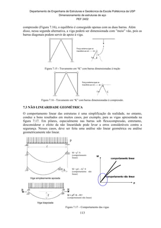 Departamento de Engenharia de Estruturas e Geotécnica da Escola Politécnica da USP
Dimensionamento de estruturas de aço
PEF 2402
113
compressão (Figura 7.16), o equilíbrio é conseguido apenas com as duas barras. Além
disso, nessa segunda alternativa, a viga poderá ser dimensionada com ”meio” vão, pois as
barras diagonais podem servir de apoio à viga.
Figura 7.15 - Travamento em “K” com barras dimensionadas à tração
Figura 7.16 - Travamento em “K” com barras dimensionadas à compressão.
7.3 NÃO LINEARIDADE GEOMÉTRICA
O comportamento linear das estruturas é uma simplificação da realidade, no entanto,
conduz a bons resultados em muitos casos, por exemplo, para as vigas apresentada na
figura 7.17. Em pilares, especialmente nas barras sob flexocompressão, entretanto,
desconsiderar o efeito da não linearidade pode levar a erros consideráveis contra a
segurança. Nesses casos, deve ser feita uma análise não linear geométrica ou análise
geometricamente não linear.
Figura 7.17 – Comportamento das vigas
Viga biapoiada
M = pℓ
2
/ 8 – R f
(comportamento não linear)
Viga simplesmente apoiada
p

 M = p(ℓ - ∆)2
/ 8
(comportamento não
linear)
M = p2
/ 8
(comportamento
linear)
f
RR
 