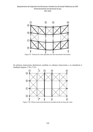 Departamento de Engenharia de Estruturas e Geotécnica da Escola Politécnica da USP
Dimensionamento de estruturas de aço
PEF 2402
120
Figura 29 - Esforços de vento aplicados nos dois travamentos horizontais
Os pórticos transversais deslocáveis recebem os esforços transversais e os transferem à
fundação (figuras 7.30 e 7.31).
Figura 7.30 - Pórtico transversal deslocável acionado devido às forças de vento
 