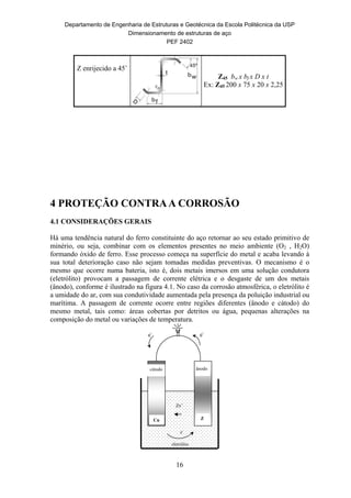Departamento de Engenharia de Estruturas e Geotécnica da Escola Politécnica da USP
Dimensionamento de estruturas de aço
PEF 2402
16
e-
e-
cátodo
Cu
ânodo
Z
e-
Zn+
eletrólito
Z enrijecido a 45˚
Z45 bw x bf x D x t
Ex: Z45 200 x 75 x 20 x 2,25
4 PROTEÇÃO CONTRAA CORROSÃO
4.1 CONSIDERAÇÕES GERAIS
Há uma tendência natural do ferro constituinte do aço retornar ao seu estado primitivo de
minério, ou seja, combinar com os elementos presentes no meio ambiente (O2 , H2O)
formando óxido de ferro. Esse processo começa na superfície do metal e acaba levando à
sua total deterioração caso não sejam tomadas medidas preventivas. O mecanismo é o
mesmo que ocorre numa bateria, isto é, dois metais imersos em uma solução condutora
(eletrólito) provocam a passagem de corrente elétrica e o desgaste de um dos metais
(ânodo), conforme é ilustrado na figura 4.1. No caso da corrosão atmosférica, o eletrólito é
a umidade do ar, com sua condutividade aumentada pela presença da poluição industrial ou
marítima. A passagem de corrente ocorre entre regiões diferentes (ânodo e cátodo) do
mesmo metal, tais como: áreas cobertas por detritos ou água, pequenas alterações na
composição do metal ou variações de temperatura.
 