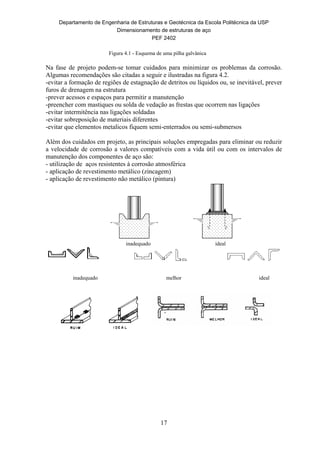 Departamento de Engenharia de Estruturas e Geotécnica da Escola Politécnica da USP
Dimensionamento de estruturas de aço
PEF 2402
17
Figura 4.1 - Esquema de uma pilha galvânica
Na fase de projeto podem-se tomar cuidados para minimizar os problemas da corrosão.
Algumas recomendações são citadas a seguir e ilustradas na figura 4.2.
-evitar a formação de regiões de estagnação de detritos ou líquidos ou, se inevitável, prever
furos de drenagem na estrutura
-prever acessos e espaços para permitir a manutenção
-preencher com mastiques ou solda de vedação as frestas que ocorrem nas ligações
-evitar intermitência nas ligações soldadas
-evitar sobreposição de materiais diferentes
-evitar que elementos metalicos fiquem semi-enterrados ou semi-submersos
Além dos cuidados em projeto, as principais soluções empregadas para eliminar ou reduzir
a velocidade de corrosão a valores compatíveis com a vida útil ou com os intervalos de
manutenção dos componentes de aço são:
- utilização de aços resistentes à corrosão atmosférica
- aplicação de revestimento metálico (zincagem)
- aplicação de revestimento não metálico (pintura)
inadequado ideal
inadequado melhor ideal
 