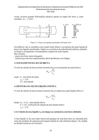 Departamento de Engenharia de Estruturas e Geotécnica da Escola Politécnica da USP
Dimensionamento de estruturas de aço
PEF 2402
29
 = N/A
seção 1
m = N/Na<
seção 2
L 1
1
2
2
Assim, ocorrem grandes deformações plásticas apenas na região dos furos e, como
resultado, L0,02ΔL2  .
Figura 1.3 - Peças com ligações parafusadas sob tração axial
Em edifícios, não se considera como estado limite último o escoamento da seção líquida de
peças com ligações parafusadas. Supõe-se a ocorrência da redistribuição plástica, podendo-
se atingir o carregamento correspondente à ruptura da seção líquida.
São exceções:
- peças com furos muito alongados;
- material que não tem comportamento dúctil (problemas com fadiga).
1.3 ESCOAMENTO DA SEÇÃO BRUTA
O valor de cálculo da força normal resistente (NRd) ao escoamento da seção bruta é:
ya,
y
Rd
γ
Af
N 
sendo: A - área bruta da seção;
a,y = 1,10
An - área líquida
1.4 RUPTURA DA SEÇÃO LÍQUIDA EFETIVA
O valor de cálculo da força normal resistente (NRd) à ruptura da seção líquida efetiva é:
ua,
ue
Rd
γ
fA
N 
Sendo: Ae = CtAn - área líquida efetiva
Ct ≤ 1,0 - coeficiente de redução da área líquida efetiva
a,u = 1,35
1.4.1 Cálculo da área líquida An em chapas ou cantoneiras com furos alinhados
A área líquida An de uma seção transversal qualquer de uma barra deve ser calculada pela
soma dos produtos da espessura pela largura líquida de cada elemento (figura 1.4), medida
na direção normal ao eixo da barra.
 