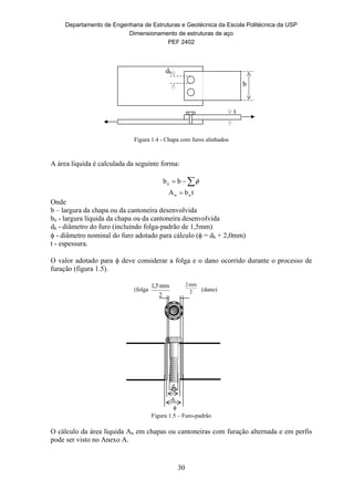 Departamento de Engenharia de Estruturas e Geotécnica da Escola Politécnica da USP
Dimensionamento de estruturas de aço
PEF 2402
30
(dano)
dp
(folga
2
mm5,1
2
mm2

dh
Figura 1.4 - Chapa com furos alinhados
A área líquida é calculada da seguinte forma:
 bbn
tbA nn 
Onde
b – largura da chapa ou da cantoneira desenvolvida
bn - largura líquida da chapa ou da cantoneira desenvolvida
dh - diâmetro do furo (incluindo folga-padrão de 1,5mm)
 - diâmetro nominal do furo adotado para cálculo ( = dh + 2,0mm)
t - espessura.
O valor adotado para  deve considerar a folga e o dano ocorrido durante o processo de
furação (figura 1.5).
Figura 1.5 – Furo-padrão
O cálculo da área líquida An em chapas ou cantoneiras com furação alternada e em perfis
pode ser visto no Anexo A.
dh
b
t
 