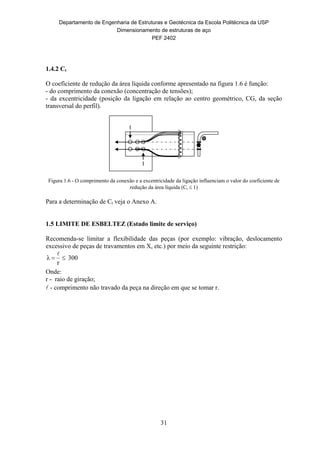Departamento de Engenharia de Estruturas e Geotécnica da Escola Politécnica da USP
Dimensionamento de estruturas de aço
PEF 2402
31
1.4.2 Ct
O coeficiente de redução da área líquida conforme apresentado na figura 1.6 é função:
- do comprimento da conexão (concentração de tensões);
- da excentricidade (posição da ligação em relação ao centro geométrico, CG, da seção
transversal do perfil).
Figura 1.6 - O comprimento da conexão e a excentricidade da ligação influenciam o valor do coeficiente de
redução da área líquida (Ct  1)
Para a determinação de Ct veja o Anexo A.
1.5 LIMITE DE ESBELTEZ (Estado limite de serviço)
Recomenda-se limitar a flexibilidade das peças (por exemplo: vibração, deslocamento
excessivo de peças de travamentos em X, etc.) por meio da seguinte restrição:
300
r
λ 

Onde:
r - raio de giração;
 - comprimento não travado da peça na direção em que se tomar r.
 