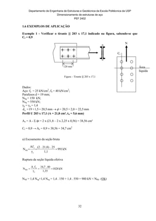 Departamento de Engenharia de Estruturas e Geotécnica da Escola Politécnica da USP
Dimensionamento de estruturas de aço
PEF 2402
32
1.6 EXEMPLOS DE APLICAÇÃO
Exemplo 1 - Verificar o tirante ][ 203 x 17,1 indicado na figura, sabendo-se que
Ct = 0,9
Figura – Tirante ][ 203 x 17,1
Dados:
Aço: fy = 25 kN/cm2
, fu = 40 kN/cm2
;
Parafusos d = 19 mm;
NSg = 150 kN;
NSq = 550 kN;
γg = γq = 1,4
mm22,5=2,0+20,5=mm20,5=1,5+19=dh 
Perfil U 203 x 17,1 (A = 21,8 cm², tw = 5,6 mm)
An = A -  t = 2 x (21,8 – 2 x 2,25 x 0,56) = 38,56 cm²
Ct = 0,9 → Ae = 0,9  38,56 = 34,7 cm2
a) Escoamento da seção bruta
kN991
1,1
25.21,8).(2
γ
fA
N
s
y
Rd 
Ruptura da seção líquida efetiva
kN1028
1,35
40.7,43
γ
fA
N
s
u
Rd
e

NSd = 1,4 Nsg+1,4 Nsq = 1,4 . 150 + 1,4 . 550 = 980 kN < NRd (Ok)
Área
líquida
Ct
N
120 mm
 