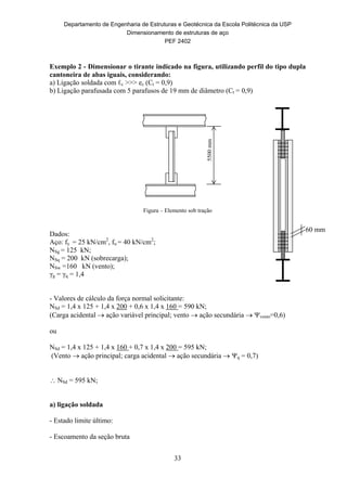 Departamento de Engenharia de Estruturas e Geotécnica da Escola Politécnica da USP
Dimensionamento de estruturas de aço
PEF 2402
33
Exemplo 2 - Dimensionar o tirante indicado na figura, utilizando perfil do tipo dupla
cantoneira de abas iguais, considerando:
a) Ligação soldada com ℓc >>> ec (Ct = 0,9)
b) Ligação parafusada com 5 parafusos de 19 mm de diâmetro (Ct = 0,9)
Figura – Elemento sob tração
Dados:
Aço: fy = 25 kN/cm2
, fu = 40 kN/cm2
;
NSg = 125 kN;
NSq = 200 kN (sobrecarga);
NSw =160 kN (vento);
γg = γq = 1,4
- Valores de cálculo da força normal solicitante:
NSd = 1,4 x 125 + 1,4 x 200 + 0,6 x 1,4 x 160 = 590 kN;
(Carga acidental  ação variável principal; vento  ação secundária  vento=0,6)
ou
NSd = 1,4 x 125 + 1,4 x 160 + 0,7 x 1,4 x 200 = 595 kN;
(Vento  ação principal; carga acidental  ação secundária  q = 0,7)
 NSd = 595 kN;
a) ligação soldada
- Estado limite último:
- Escoamento da seção bruta
60 mm
5500mm
 