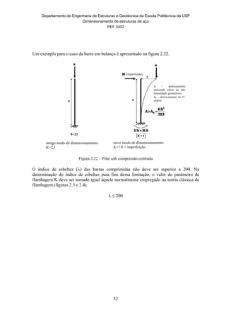 Departamento de Engenharia de Estruturas e Geotécnica da Escola Politécnica da USP
Dimensionamento de estruturas de aço
PEF 2402
52
Um exemplo para o caso da barra em balanço é apresentado na figura 2.22.
Figura 2.22 – Pilar sob compressão centrada
O índice de esbeltez () das barras comprimidas não deve ser superior a 200. Na
determinação do índice de esbeltez para fins dessa limitação, o valor do parâmetro de
flambagem K deve ser tomado igual àquele normalmente empregado na teoria clássica de
flambagem (figuras 2.3 e 2.4).
  200
antigo modo de dimensionamento:
K=2,1
novo modo de dimensionamento:
K=1,0 + imperfeição
(imperfeição)
 - deslocamento
incluindo efeito da não
linearidade geométrica
0 – deslocamento de 1ª.
ordem
 