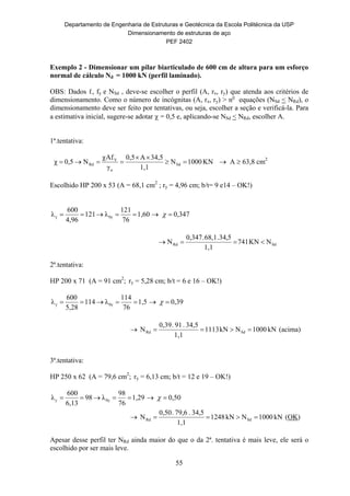Departamento de Engenharia de Estruturas e Geotécnica da Escola Politécnica da USP
Dimensionamento de estruturas de aço
PEF 2402
55
Exemplo 2 - Dimensionar um pilar biarticulado de 600 cm de altura para um esforço
normal de cálculo Nd = 1000 kN (perfil laminado).
OBS: Dados ℓ, fy e NSd , deve-se escolher o perfil (A, rx, ry) que atenda aos critérios de
dimensionamento. Como o número de incógnitas (A, rx, ry) > no
equações (NSd < NRd), o
dimensionamento deve ser feito por tentativas, ou seja, escolher a seção e verificá-la. Para
a estimativa inicial, sugere-se adotar  = 0,5 e, aplicando-se NSd < NRd, escolher A.
1ª.tentativa:
KN1000N
1,1
34,5A0,5
γ
fAχ
N0,5χ Sd
a
Y
Rd 

  A  63,8 cm2
Escolhido HP 200 x 53 (A = 68,1 cm2
; ry = 4,96 cm; b/t= 9 e14 – OK!)
1,60
76
121
λ121
4,96
600
λ 0yy  0,347 
NKN741
1,1
5,34.68,1.0,347
N SdRd 
2ª.tentativa:
HP 200 x 71 (A = 91 cm2
; ry = 5,28 cm; b/t = 6 e 16 – OK!)
1,5
76
114
λ114
5,28
600
λ 0yy  0,39 
(acima)kN1000NkN1113
1,1
34,5.91.0,39
N SdRd 
3ª.tentativa:
HP 250 x 62 (A = 79,6 cm2
; ry = 6,13 cm; b/t = 12 e 19 – OK!)
1,29
76
98
λ98
6,13
600
λ 0yy  0,50 
kN1000NkN1248
1,1
5,34.79,6.0,50
N SdRd  (OK)
Apesar desse perfil ter NRd ainda maior do que o da 2ª. tentativa é mais leve, ele será o
escolhido por ser mais leve.
 