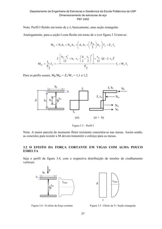 Departamento de Engenharia de Estruturas e Geotécnica da Escola Politécnica da USP
Dimensionamento de estruturas de aço
PEF 2402
57
máx
tw
bf
tf
V
d
t
máx
Nota: Perfil I fletido em torno de y é, basicamente, uma seção retangular.
Analogamente, para a seção I com flexão em torno de x (ver figura 3.3) tem-se:
yxy2
w
1f2w1fp fZfh
2
A
hAhNhNM 












 
yxy
3
f
w
2
f
ff
3
ff
y
x
pi fWf
2
d
t2d
12
t
2
t
2
d
tb
12
tb
2
f
2
d
I
M 



















Para os perfis usuais, Mp/Mpi = Zx/Wx = 1,1 a 1,2.
Figura 3.3 – Perfil I
Nota: A maior parcela do momento fletor resistente concentra-se nas mesas. Assim sendo,
as conexões para resistir a M devem transmitir o esforço para as mesas.
3.2 O EFEITO DA FORÇA CORTANTE EM VIGAS COM ALMA POUCO
ESBELTA
Seja o perfil da figura 3.4, com a respectiva distribuição de tensões de cisalhamento
verticais.
Figura 3.4 - O efeito da força cortante Figura 3.5 - Efeito de V- Seção retangular
tw
bf
tf
d h1
fy
fy
fy bf
fy tw
Nf
Nw
Nf
Nw
h2
() ( × b)
 