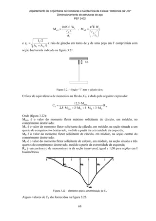 Departamento de Engenharia de Estruturas e Geotécnica da Escola Politécnica da USP
Dimensionamento de estruturas de aço
PEF 2402
68
h/6
f
b
x
cr1
A
d
WE0,65
M

 , 2
T
b
x
2
cr2
r
WEπ
M








e
/6AA
/2I
r
wf
y
T

 ( raio de giração em torno de y de uma peça em T comprimida com
seção hachurada indicada na figura 3.21.
Figura 3.21 – Seção “T” para o cálculo de rT
O fator de equivalência de momentos na flexão, Cb, é dado pela seguinte expressão:
m
CBAmáx
máx
b R
M3M4M3M2,5
M12,5
C



Onde (figura 3.22):
Mmáx é o valor do momento fletor máximo solicitante de cálculo, em módulo, no
comprimento destravado;
MA é o valor do momento fletor solicitante de cálculo, em módulo, na seção situada a um
quarto do comprimento destravado, medido a partir da extremidade da esquerda;
MB é o valor do momento fletor solicitante de cálculo, em módulo, na seção central do
comprimento destravado;
MC é o valor do momento fletor solicitante de cálculo, em módulo, na seção situada a três
quartos do comprimento destravado, medido a partir da extremidade da esquerda;
Rm é um parâmetro de monossimetria da seção transversal, igual a 1,00 para seções em I
bissimétricas
Figura 3.22 – elementos para a determinação de Cb
Alguns valores de Cb são fornecidos na figura 3.23.
 