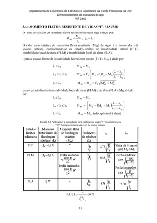 Departamento de Engenharia de Estruturas e Geotécnica da Escola Politécnica da USP
Dimensionamento de estruturas de aço
PEF 2402
73
3.4.4 MOMENTO FLETOR RESISTENTE DE VIGAS “I”- RESUMO
O valor de cálculo do momento fletor resistente de uma viga é dado por:
a
Rk
Rd
γ
M
M  , a = 1,1
O valor característico do momento fletor resistente (MRk) de vigas é o menor dos três
valores obtidos, considerando-se os estados-limites de instabilidade lateral (FLT),
instabilidade local de mesa (FLM) e instabilidade local de alma (FLA).
- para o estado-limite de instabilidade lateral com torção (FLT), MRk é dado por:
  p pRk MM 
p <   r   










pr
p
rppbRk
λλ
λλ
MMMCM
 > r
2
cr2
2
cr1bcrRk MMC=M=M 
para o estado-limite de instabilidade local de mesa (FLM) e de alma (FLA), MRk é dado
por:
  p pRk MM 
p <   r   










pr
p
rppRk
λλ
λλ
MMMM
 > r crRk M=M (não aplicável à alma)
Tabela 3.2 Parâmetros a considerar para perfis com seção “I” bissimétrica ou
“U“ fletidos em torno do eixo de maior inércia
76,0
t
h
4
k0,35
w
c 
 