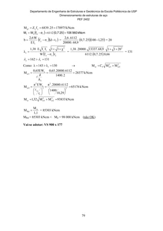 Departamento de Engenharia de Estruturas e Geotécnica da Escola Politécnica da USP
Dimensionamento de estruturas de aço
PEF 2402
79
cmNk17097525.6839fZM yxp 
    cmNk960106250,7σfWM ryxr  6112
  fry
t
tdσf
IE
W2,6
b  =   25,110025.0,7
9,68.00002
6112.2,6
 = 20
  yry
2
t
r
rσfW
χ11IIE1,38
λ
y


 =
  66,8.25.0,7.6112
20119,68.13337.20000.1,38 2

= 131
131162  ry 
Como: 130λ143λ r   2
cr2
2
cr1cr MMM  bC
cmNk28377
2.1400
6112.20000.0,65
A
d
WE0,65
M
f
x
cr1 

cmNk65176
10,29
1400
6112.20000.π
r
WEπ
M 2
2
2
t
b
x
2
cr2 














cmkN93833MM32,1M 2
cr2
2
cr1cr 
1,1
M
M cr
Rd  = 85303 kNcm
MRd = 85303 kNcm < Md = 98 000 kNcm (não OK)
Vai-se adotar: VS 900 x 177
 