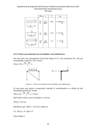 Departamento de Engenharia de Estruturas e Geotécnica da Escola Politécnica da USP
Dimensionamento de estruturas de aço
PEF 2402
88
4.2.1.4 Peças com momentos de extremidade e nós indeslocáveis
Em uma barra sem carregamento transversal (figura 4.7) e com momentos M1 e M2 nas
extremidades, sendo M2 ≥ M1, tem-se:
x
MM
M(x)M 12
10



Figura 4.7 – Peças com momentos de extremidade e nós indeslocáveis
Se essa barra esta sujeita a compressão centrada N, considerando-se os efeitos da não
linearidade geométrica, resulta:
y(x)Nx
MM
MM(x) 12
1 



Derivando-se duas vezes em relação a x, tem-se:
(x)y"N(x)M" 
Sabendo-se que: (x)y"IEM(x)  , obtém-se:
0M(x).N(x)M".IE 
Cuja solução é:
Mo,máx
 