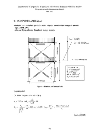 Departamento de Engenharia de Estruturas e Geotécnica da Escola Politécnica da USP
Dimensionamento de estruturas de aço
PEF 2402
94
4.4 EXEMPLO DE APLICAÇÃO
Exemplo 1 - Verificar o perfil CS 300 x 76 (AB) da estrutura da figura. Dados:
- aço ASTM A36;
- nós A e B travados na direção de menor inércia.
Figura - Pórtico contraventado
(compressão)
CS 300 x 76 (b/t = 12 e 34 – OK!)
59
7,62
450
λcm7,62r yy 
1,1
25,097,00,83
1,1
fA
N0,830,66
89
59
f
Eπ
λ
λ
y
Rd
y
2
y
y0




NRd = 1830 kN
CS300x76
4500mm
I I
I I
A
B
4500mm
NSd = 960 kN
M2 = 12 000 kNcm
M1 = 11 000 kNcm
CS 300 x 76
Ix = 16894 cm4
A = 97 cm2
Wx = 1126 cm3
Zx = 1229 cm3
7500 mm
 