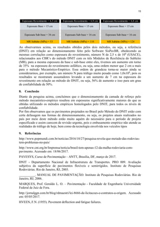15
MR Subleito (MPa) = 53 MR Subleito (MPa) = 110 MR Subleito (MPa) = 124
Espessura Revestimento = 6,8 cm
Espessura Base = 15 cm Espessura Base = 15 cm Espessura Base = 15 cm
Espessura Sub-base = 34 cm Espessura Sub-base = 16 cm Espessura Sub-base = 16 cm
Espessura Revestimento = 6,3 cm Espessura Revestimento = 6,9 cm
Ao observarmos acima, os resultados obtidos pelos dois métodos, ou seja, a referência
(DNIT) em relação ao dimensionamento feito pelo Software SisPavBR, obedecendo as
mesmas correlações como espessura do revestimento, número N de 2,5 x de 106
(USACE),
relacionados aos CBR’s do método DNIT com os três Módulos de Resiliência do Subleito
(MR), para a mesma espessura da base e sub-base entre eles, tivemos um aumento em torno
de 35% na espessura do revestimento asfáltico, ou seja, uma ordem menor que 2 cm a mais
para o método Mecanístico-Empírico. Essa ordem de grandeza torna-se maior ainda se
considerarmos, por exemplo, um número N para tráfego muito pesado como 1,0x108
, pois os
resultados se mostraram assustadores levando a um aumento de 7 cm na espessura do
revestimento em relação ao método do DNIT, ou seja, 56% de aumento e isso para um grau
de confiabilidade de 50%.
8. Conclusão
Diante da pesquisa acima, concluímos que o dimensionamento da camada de reforço pelo
método mecanístico-empírico resultou em espessuras significativamente maiores do que as
obtidas utilizando os métodos empíricos homologados pelo DNIT, para todos os níveis de
confiabilidade.
Por fim observamos que os pavimentos projetados no Brasil pelo Método do DNIT estão com
certa defasagem nas formas de dimensionamento, ou seja, os projetos atuais realizados no
país por meio deste método estão muito aquém do necessário para o período de projeto
especificado e assim carecem de revisão urgente, pois o embasamento empírico não atende as
realidades do tráfego de hoje, bem como da tecnologia envolvida nos veículos tipos
9. Referências
http://www.popmundi.com.br/noticias/2016/10/27/pesquisa-revela-que-metade-das-rodovias-
tem-problemas-no-pais/
http://www.cnt.org.br/Imprensa/noticia/brasil-tem-apenas-12-da-malha-rodoviaria-com-
pavimento. Acessado em: 18/06/2017.
PAVESYS, Curso de Pavimentação – ANTT, Brasília, DF, março de 2017.
DNIT - Departamento Nacional de Infraestrutura de Transportes. PRO 009. Avaliação
subjetiva da superfície de pavimentos flexíveis e semirrígidos. Instituto de Pesquisas
Rodoviárias. Rio de Janeiro, RJ, 2003.
__________. MANUAL DE PAVIMENTAÇÃO. Instituto de Pesquisas Rodoviárias. Rio de
Janeiro, RJ, 2006.
MARQUES, Prof. Geraldo L. O. – Pavimentação - Faculdade de Engenharia Universidade
Federal de Juiz de Fora.
http://jornalggn.com.br/blog/rdmaestri/lei-8666-de-licitacoes-e-contratos-a-origem. Acessado
em: 05/05/2017.
HVEEN, F.N. (1955). Pavement deflection and fatigue failures.
 