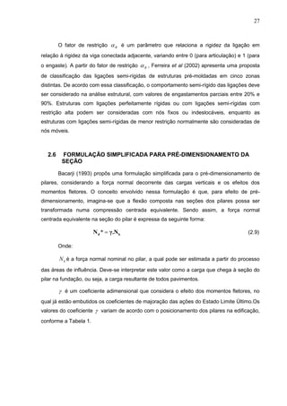 27
O fator de restrição R é um parâmetro que relaciona a rigidez da ligação em
relação à rigidez da viga conectada adjacente, variando entre 0 (para articulação) e 1 (para
o engaste). A partir do fator de restrição R , Ferreira et al (2002) apresenta uma proposta
de classificação das ligações semi-rígidas de estruturas pré-moldadas em cinco zonas
distintas. De acordo com essa classificação, o comportamento semi-rígido das ligações deve
ser considerado na análise estrutural, com valores de engastamentos parciais entre 20% e
90%. Estruturas com ligações perfeitamente rígidas ou com ligações semi-rígidas com
restrição alta podem ser consideradas com nós fixos ou indeslocáveis, enquanto as
estruturas com ligações semi-rígidas de menor restrição normalmente são consideradas de
nós móveis.
2.6 FORMULAÇÃO SIMPLIFICADA PARA PRÉ-DIMENSIONAMENTO DA
SEÇÃO
Bacarji (1993) propôs uma formulação simplificada para o pré-dimensionamento de
pilares, considerando a força normal decorrente das cargas verticais e os efeitos dos
momentos fletores. O conceito envolvido nessa formulação é que, para efeito de pré-
dimensionamento, imagina-se que a flexão composta nas seções dos pilares possa ser
transformada numa compressão centrada equivalente. Sendo assim, a força normal
centrada equivalente na seção do pilar é expressa da seguinte forma:
kd γ.N*N  (2.9)
Onde:
kN é a força normal nominal no pilar, a qual pode ser estimada a partir do processo
das áreas de influência. Deve-se interpretar este valor como a carga que chega à seção do
pilar na fundação, ou seja, a carga resultante de todos pavimentos.
 é um coeficiente adimensional que considera o efeito dos momentos fletores, no
qual já estão embutidos os coeficientes de majoração das ações do Estado Limite Último.Os
valores do coeficiente  variam de acordo com o posicionamento dos pilares na edificação,
conforme a Tabela 1.
 