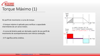 Torque Máximo (1)
Kalatec | www.kalatec.com.br | /kalatecautomocao
Do perfil de movimento a curva de torque.
- O torque máximo é aplicado para verificar a capacidade
intermitente de um servo-motor;
- A curva de binário pode ser derivada a partir do seu perfil de
movimento de acompanhamento com inércia condução;
- O Tf significa atrito cinético.
 