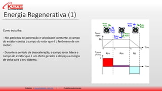 Energia Regenerativa (1)
Kalatec | www.kalatec.com.br | /kalatecautomocao
Como trabalha:
- Nos períodos de aceleração e velocidade constante, o campo
do estator conduz o campo do rotor que é o fenômeno de um
motor;
- Durante o período de desaceleração, o campo rotor lidera o
campo do estator que é um efeito gerador e despeja a energia
de volta para o seu sistema.
 