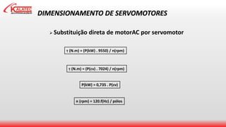 DIMENSIONAMENTO DE SERVOMOTORES
 Substituição direta de motorAC por servomotor
 (N.m) = (P(kW) . 9550) / n(rpm)
 (N.m) = (P(cv) . 7024) / n(rpm)
P(kW) = 0,735 . P(cv)
n (rpm) = 120.f(Hz) / pólos
 