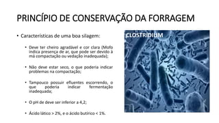 PRINCÍPIO DE CONSERVAÇÃO DA FORRAGEM
• Características de uma boa silagem:
• Deve ter cheiro agradável e cor clara (Mofo
indica presença de ar, que pode ser devido à
má compactação ou vedação inadequada);
• Não deve estar seco, o que poderia indicar
problemas na compactação;
• Tampouco possuir efluentes escorrendo, o
que poderia indicar fermentação
inadequada;
• O pH de deve ser inferior a 4,2;
• Ácido lático > 2%, e o ácido butírico < 1%.
CLOSTRIDIUM
 