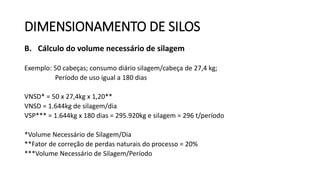 DIMENSIONAMENTO DE SILOS
B. Cálculo do volume necessário de silagem
Exemplo: 50 cabeças; consumo diário silagem/cabeça de 27,4 kg;
Período de uso igual a 180 dias
VNSD* = 50 x 27,4kg x 1,20**
VNSD = 1.644kg de silagem/dia
VSP*** = 1.644kg x 180 dias = 295.920kg e silagem = 296 t/período
*Volume Necessário de Silagem/Dia
**Fator de correção de perdas naturais do processo = 20%
***Volume Necessário de Silagem/Período
 