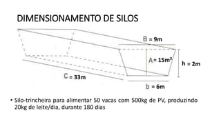 DIMENSIONAMENTO DE SILOS
= 15m²
= 9m
= 6m
= 33m
h = 2m
• Silo-trincheira para alimentar 50 vacas com 500kg de PV, produzindo
20kg de leite/dia, durante 180 dias
 