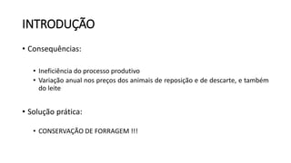 INTRODUÇÃO
• Consequências:
• Ineficiência do processo produtivo
• Variação anual nos preços dos animais de reposição e de descarte, e também
do leite
• Solução prática:
• CONSERVAÇÃO DE FORRAGEM !!!
 