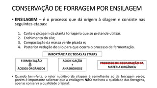 CONSERVAÇÃO DE FORRAGEM POR ENSILAGEM
• ENSILAGEM – é o processo que dá origem à silagem e consiste nas
seguintes etapas:
1. Corte e picagem da planta forrageira que se pretende utilizar;
2. Enchimento do silo;
3. Compactação da massa verde picada e;
4. Posterior vedação do silo para que ocorra o processo de fermentação.
• Quando bem-feita, o valor nutritivo da silagem é semelhante ao da forragem verde,
porém é importante salientar que a ensilagem NÃO melhora a qualidade das forragens,
apenas conserva a qualidade original.
ACIDIFICAÇÃO
+
ANAEROBIOSE
PROCESSO DE DEGRADAÇÃO DA
MATÉRIA ORGÂNICA
FERMENTAÇÃO
ÁCIDOS ORGÂNICOS
IMPORTÂNCIA DE TODAS AS ETAPAS
 