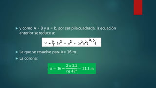  y como A = B y a = b, por ser pila cuadrada, la ecuación
anterior se reduce a:
 La que se resuelve para A= 16 m
 La corona:
𝑎 = 16 −
2 𝑥 2.2
𝑡𝑔 42°
= 11.1 𝑚
 