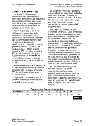 Guía de Aplicación e Instalación Dimensionamiento de Motores y Generadores
en aplicaciones de Energía Eléctrica
©2005 Caterpillar®
Todos los derechos reservados. Página 103
Contenido de armónicas
La desviación de una onda
sinusoidal pura y simple puede
expresarse como ondas de frecuencia
sinusoidal adicionales, que son un
múltiplo de la frecuencia generada.
Estas frecuencias adicionales se
conocen como armónicas.
Debido a que los generadores
trifásicos son magnéticamente
simétricos, lo que resulta en la
cancelación de armónicas regulares,
sólo las armónicas irregulares son
normalmente de cualquier
significancia. Por ejemplo, una onda
generada de 60 Hz tendrá 60 Hz
fundamentales; 180 Hz, tercera
armónica; 300 Hz, quinta armónica;
420 Hz, séptima armónica y así
sucesivamente. La Tabla No. 25
muestra las armónicas regulares e
irregulares de un onda generada de
60 Hz.
Una onda generada de 50 Hz tendrá
50 Hz fundamentales; 150 Hz, tercera
armónica; 250 Hz, quinta armónica;
350 Hz, séptima armónica y así
sucesivamente.
En general, cuanto mayor sea el
orden de armónicas, menor será la
magnitud de la armónica.
La Distorsión Armónica Total (THD)
es la medición de la suma de todas las
armónicas. La mayoría de cargas
operarán con una THD de 15% a 20%.
Sin embargo, las cargas con equipo
electrónico sensible pueden
desarrollar problemas con una THD
mayor que 5%.
Las cargas no lineales causan
corrientes armónicas. Estas armónicas
pueden causar problemas de control y
calentamiento interno del generador,
lo que limita su capacidad. Los
generadores están diseñados para
proporcionar una salida determinada a
frecuencias nominales de 60 Hz ó 60
Hz. Es posible que un generador
transmita menos de su corriente
nominal plena y sobrecaliente debido
a la corriente armónica generada por
la carga no lineal. Las máquinas de
devanado conformado generalmente
proporcionan un mejor rendimiento en
aplicaciones con armónicas altas.
En casos donde las cargas no
lineales provocan un mayor
calentamiento del generador,
generalmente se usan dos técnicas
para compensar esta situación. La
reducción de potencia es un método y
usar un generador de mayor tamaño
para el requisito de kVA es otro
método.
Secuencia de frecuencia armónica
Fundamental 2ª 3ª 4ª 5ª 6a 7a 8a 9ª
60 120 180 240 300 360 420 480 540
Tabla 25
 