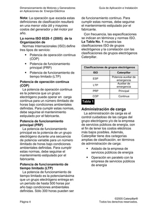 Dimensionamiento de Motores y Generadores Guía de Aplicación e Instalación
en Aplicaciones de Energía Eléctrica
©2005 Caterpillar®
Página 4 Todos los derechos reservados.
Nota: La operación que exceda estas
definiciones de clasificación resultará
en una menor vida útil y mayores
costos del generador y del motor por
año.
La norma ISO 8528-1 (2005) de la
Organización de
Normas Internacionales (ISO) define
tres tipos de servicio:
Potencia de operación continua
(COP)
Potencia de funcionamiento
principal (PRP)
Potencia de funcionamiento de
tiempo limitado (LTP)
Potencia de operación continua
(COP)
La potencia de operación continua
es la potencia que un grupo
electrógeno puede operar en carga
continua para un número ilimitado de
horas bajo condiciones ambientales
definidas. Para cumplir estas normas,
debe seguirse el mantenimiento
estipulado por el fabricante.
Potencia de funcionamiento
principal (PRP)
La potencia de funcionamiento
principal es la potencia de un grupo
electrógeno durante una secuencia
de potencia variable para un número
ilimitado de horas bajo condiciones
ambientales definidas. Para cumplir
estas normas, debe seguirse el
mantenimiento estipulado por el
fabricante.
Potencia de funcionamiento de
tiempo limitado (LTP)
La potencia de funcionamiento de
tiempo limitado es la potenciamáxima
que un grupo electrógeno entrega en
un período de hasta 500 horas por
año bajo condiciones ambientales
definidas. Sólo 300 horas pueden ser
de funcionamiento continuo. Para
cumplir estas normas, debe seguirse
el mantenimiento estipulado por el
fabricante.
Con frecuencia, las especificaciones
se indican en términos y normas ISO.
La Tabla No. 1 muestra las
clasificaciones ISO de grupos
electrógenos y la correlación con las
clasificaciones de grupos electrógenos
Caterpillar.
Clasificaciones de grupos electrógenos
ISO Caterpillar
ESP
Potencia auxiliar de
emergencia
LTP
Auxiliar de
emergencia
PRP Principal
COP Continua
Tabla 1
Administración de carga
La administración de carga es el
control cuidadoso de las cargas del
grupo electrógeno y/o de la empresa
de servicios públicos de energía, con
el fin de tener los costos eléctricos
más bajos posibles. Además,
Caterpillar tiene dos categorías
amplias de clasificación, en términos
de administración de carga:
Aislado de la empresa de
servicios públicos de energía
Operación en paralelo con la
empresa de servicios públicos
de energía
 