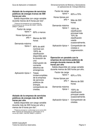 Guía de Aplicación e Instalación Dimensionamiento de Motores y Generadores
en aplicaciones de Energía Eléctrica
©2005 Caterpillar®
Todos los derechos reservados. Página 5
Aislado de la empresa de servicios
públicos de energía menos de 500
horas por año
Salida disponible con carga variable
durante menos de 6 horas por día*.
* Potencia de emergencia con combustible en
conformidad con las normas ISO 3046/1, AS2789,
DIN6271 y BS5514.
Factor de carga
típico = 60% o menos
Horas típicas por
año = Menos de 500
horas
Demanda máxima
típica = 80% de ekW
nominal con
100% de
clasificación
disponible para
la duración de
una
interrupción de
corriente
eléctrica de
emergencia.
Aplicación típica = Tasas
ininterrumpibles
de la empresa
de servicios
públicos de
energía,
compartición de
crestas.
Aislado de la empresa de servicios
públicos de energía más de 500
horas por año
Salida disponible con carga variable
durante más de 500 horas por año y
menos de 6 horas por día*.
**Potencia principal en conformidad con la norma ISO
8528. Potencia de sobrecarga en conformidad con la
norma ISO 3046/1, AS2789, DIN6271 y BS5514.
Factor de carga
típico = 60% a 70%
Horas típicas por
año = Más de 500
horas
Demanda máxima
típica = 100% de
clasificación
principal más
10% de
clasificación
usada
ocasionalmente.
Aplicación típica = Compartición de
crestas o
cogeneración.
Operación en paralelo con la
empresa de servicios públicos de
energía durante menos de 500
horas por año
Salida disponible sin carga variable
durante menos de 500 horas por año.
Factor de carga
típico = 60% a 70%
Horas típicas por
año = Menos de 500
horas
Demanda máxima
típica = 100% de
clasificación
principal usada
ocasionalmente.
Aplicación típica = Compartición de
crestas.
 