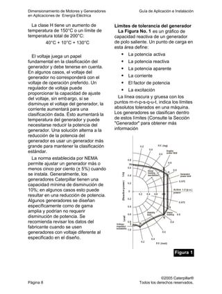 Dimensionamiento de Motores y Generadores Guía de Aplicación e Instalación
en Aplicaciones de Energía Eléctrica
©2005 Caterpillar®
Página 8 Todos los derechos reservados.
La clase H tiene un aumento de
temperatura de 150°C o un límite de
temperatura total de 200°C:
40°C + 10°C + 130°C
El voltaje juega un papel
fundamental en la clasificación del
generador y debe tenerse en cuenta.
En algunos casos, el voltaje del
generador no corresponderá con el
voltaje de operación preferido. Un
regulador de voltaje puede
proporcionar la capacidad de ajuste
del voltaje, sin embargo, si se
disminuye el voltaje del generador, la
corriente aumentará para una
clasificación dada. Ésto aumentará la
temperatura del generador y puede
necesitarse reducir la potencia del
generador. Una solución alterna a la
reducción de la potencia del
generador es usar un generador más
grande para mantener la clasificación
estándar.
La norma establecida por NEMA
permite ajustar un generador más o
menos cinco por ciento (± 5%) cuando
se instala. Generalmente, los
generadores Caterpillar tienen una
capacidad mínima de disminución de
10%; en algunos casos esto puede
resultar en una reducción de potencia.
Algunos generadores se diseñan
específicamente como de gama
amplia y podrían no requerir
disminución de potencia. Se
recomienda revisar los datos del
fabricante cuando se usen
generadores con voltaje diferente al
especificado en el diseño.
Límites de tolerancia del generador
La Figura No. 1 es un gráfico de
capacidad reactiva de un generador
de polo saliente. Un punto de carga en
esta área define:
La potencia activa
La potencia reactiva
La potencia aparente
La corriente
El factor de potencia
La excitación
La línea oscura y gruesa con los
puntos m-n-p-s-q-u-t, indica los límites
absolutos tolerados en una máquina.
Los generadores se clasifican dentro
de estos límites (Consulte la Sección
"Generador" para obtener más
información
Figura 1
 