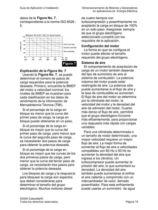 Guía de Aplicación e Instalación Dimensionamiento de Motores y Generadores
en aplicaciones de Energía Eléctrica
©2005 Caterpillar®
Todos los derechos reservados. Página 19
datos de la Figura No. 7,
correspondiente a la norma ISO 8528 -
5.
Figura 7
Explicación de la Figura No. 7
Usando la Figura No. 7, se puede
determinar el número de pasos de
carga requeridos para la potencia
deseada. Primero, encuentre la BMEP
del motor a velocidad nominal; los
niveles de BMEP se muestran para
cada clasificación en los datos de
rendimiento de la Información de
Mercadotecnia Técnica (TMI).
Si el porcentaje de la carga en
bloque es menor que la curva del
primer paso de carga, la carga en
bloque puede obtenerse en un paso.
Si el porcentaje de la carga en
bloque es mayor que la curva del
primer paso de carga, pero menor que
la curva del segundo paso de carga,
se necesitarán dos pasos de carga
para obtener la potencia deseada.
Si el porcentaje de la carga en
bloque es mayor que las curvas de los
dos primeros pasos de carga, pero
menor que la curva del tercer paso de
carga, se necesitarán tres pasos para
obtener la potencia deseada.
Los bloques de carga y la respues ta
para bloquear la carga son aspectos
que deben considerarse para
determinar el tamaño del grupo
electrógeno. Muchos motores diesel
de cuatro tiempos con
turbocompresión y posenfriamiento no
aceptarán la carga en bloque de 100%
en un solo paso. Asegúrese siempre
de que el grupo electrógeno
seleccionado cumplirá con los
requisitos de la aplicación.
Configuración del motor
La forma en que se configura el
motor puede afectar el tamaño
requerido del grupo electrógeno.
Sistema de aire
El comportamiento de aceptación de
carga de un motor también depende
del tipo de suministro de aire al
sistema de combustión. La potencia
máxima del motor puede estar
restringida de aire. La potencia sólo
puede aumentarse si el flujo de aire y
la tasa de combustible se aumentan.
El flujo de aire del motor se determina
por la cilindrada del motor, la
velocidad del motor y la densidad del
aire de admisión del motor. Cuanto
más denso el flujo de aire, permitirá
que el grupo electrógeno funcione
más eficientemente, para proporcionar
una respuesta más rápida con cargas
variables.
Para una cilindrada determinada o
un tamaño de motor determinado, una
mayor velocidad requiere un mayor
flujo de aire. La mejor forma de
aumentar el flujo de aire a velocidades
compatibles con 60 Hz o 50 Hz es
aumentar la densidad del aire que
ingresa a los cilindros. Un
turbocompresor puede aumentar la
presión del aire, lo que aumentará su
densidad. La densidad del aire
también puede aumentarse al enfriar
el aire caliente y comprimido con un
intercambiador de calor, llamado
posenfriador. Para este enfriamiento
puede usarse un suministro de agua
 