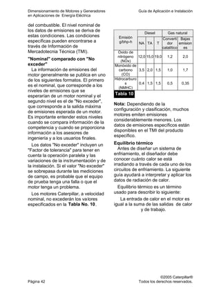 Dimensionamiento de Motores y Generadores Guía de Aplicación e Instalación
en Aplicaciones de Energía Eléctrica
©2005 Caterpillar®
Página 42 Todos los derechos reservados.
del combustible. El nivel nominal de
los datos de emisiones se deriva de
estas condiciones. Las condiciones
específicas pueden encontrarse a
través de Información de
Mercadotecnia Técnica (TMI).
"Nominal" comparado con "No
exceder"
La información de emisiones del
motor generalmente se publica en uno
de los siguientes formatos. El primero
es el nominal, que corresponde a los
niveles de emisiones que se
esperarían de un motor nominal y el
segundo nivel es el de "No exceder",
que corresponde a la salida máxima
de emisiones esperada de un motor.
Es importante entender estos niveles
cuando se compara información de la
competencia y cuando se proporciona
información a los asesores de
ingeniería y a los usuarios finales.
Los datos "No exceder" incluyen un
"Factor de tolerancia" para tener en
cuenta la operación paralela y las
variaciones de la instrumentación y de
la instalación. Si el valor "No exceder"
se sobrepasa durante las mediciones
de campo, es probable que el equipo
de prueba tenga una falla o que el
motor tenga un problema.
Los motores Caterpillar, a velocidad
nominal, no excederán los valores
especificados en la Tabla No. 10.
Diesel Gas natural
Emisión
g/bhp-h NA TA T
Converti
dor
catalítico
Bajas
emision
es
Óxido de
nitrógeno
(NOx)
12,0 15,0 19,0 1,2 2,0
Monóxido de
carbono
(CO)
3,5 2,0 1,5 1,0 1,7
Hidrocarburo
s
(NMHC)
0,4 1,5 1,5 0,5 0,35
Tabla 10
Nota: Dependiendo de la
configuración y clasificación, muchos
motores emiten emisiones
considerablemente menores. Los
datos de emisiones específicos están
disponibles en el TMI del producto
específico.
Equilibrio térmico
Antes de diseñar un sistema de
enfriamiento, el diseñador debe
conocer cuánto calor se está
irradiando a través de cada uno de los
circuitos de enfriamiento. La siguiente
guía ayudará a interpretar y aplicar los
datos de radiación de calor.
Equilibrio térmico es un término
usado para describir lo siguiente:
La entrada de calor en el motor es
igual a la suma de las salidas de calor
y de trabajo.
 