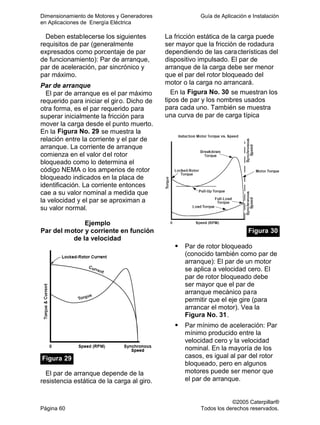 Dimensionamiento de Motores y Generadores Guía de Aplicación e Instalación
en Aplicaciones de Energía Eléctrica
©2005 Caterpillar®
Página 60 Todos los derechos reservados.
Deben establecerse los siguientes
requisitos de par (generalmente
expresados como porcentaje de par
de funcionamiento): Par de arranque,
par de aceleración, par sincrónico y
par máximo.
Par de arranque
El par de arranque es el par máximo
requerido para iniciar el giro. Dicho de
otra forma, es el par requerido para
superar inicialmente la fricción para
mover la carga desde el punto muerto.
En la Figura No. 29 se muestra la
relación entre la corriente y el par de
arranque. La corriente de arranque
comienza en el valor del rotor
bloqueado como lo determina el
código NEMA o los amperios de rotor
bloqueado indicados en la placa de
identificación. La corriente entonces
cae a su valor nominal a medida que
la velocidad y el par se aproximan a
su valor normal.
Ejemplo
Par del motor y corriente en función
de la velocidad
Figura 29
El par de arranque depende de la
resistencia estática de la carga al giro.
La fricción estática de la carga puede
ser mayor que la fricción de rodadura
dependiendo de las características del
dispositivo impulsado. El par de
arranque de la carga debe ser menor
que el par del rotor bloqueado del
motor o la carga no arrancará.
En la Figura No. 30 se muestran los
tipos de par y los nombres usados
para cada uno. También se muestra
una curva de par de carga típica
Figura 30
Par de rotor bloqueado
(conocido también como par de
arranque): El par de un motor
se aplica a velocidad cero. El
par de rotor bloqueado debe
ser mayor que el par de
arranque mecánico para
permitir que el eje gire (para
arrancar el motor). Vea la
Figura No. 31.
Par mínimo de aceleración: Par
mínimo producido entre la
velocidad cero y la velocidad
nominal. En la mayoría de los
casos, es igual al par del rotor
bloqueado, pero en algunos
motores puede ser menor que
el par de arranque.
 