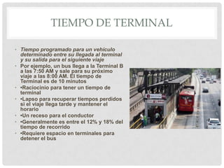 TIEMPO DE TERMINAL
• Tiempo programado para un vehículo
determinado entre su llegada al terminal
y su salida para el siguiente viaje
• Por ejemplo, un bus llega a la Terminal B
a las 7:50 AM y sale para su próximo
viaje a las 8:00 AM. El tiempo de
Terminal es de 10 minutos
• •Raciocinio para tener un tiempo de
terminal
• •Lapso para recuperar tiempos perdidos
si el viaje llega tarde y mantener el
horario
• •Un receso para el conductor
• •Generalmente es entre el 12% y 18% del
tiempo de recorrido
• •Requiere espacio en terminales para
detener el bus

 
