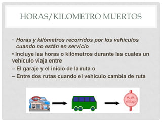 HORAS/KILOMETRO MUERTOS
• Horas y kilómetros recorridos por los vehículos
cuando no están en servicio
• Incluye las horas o kilómetros durante las cuales un
vehículo viaja entre
– El garaje y el inicio de la ruta o
– Entre dos rutas cuando el vehículo cambia de ruta

 