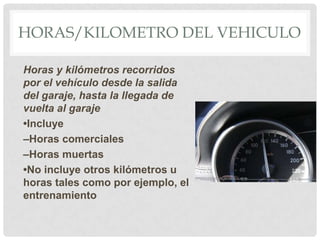 HORAS/KILOMETRO DEL VEHICULO
Horas y kilómetros recorridos
por el vehículo desde la salida
del garaje, hasta la llegada de
vuelta al garaje
•Incluye
–Horas comerciales
–Horas muertas
•No incluye otros kilómetros u
horas tales como por ejemplo, el
entrenamiento

 