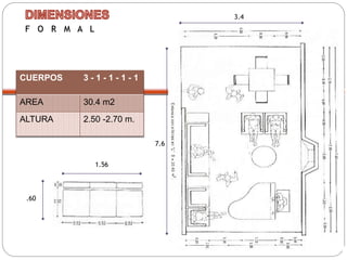 F O R M A L 
IV 
CUERPOS 3 - 1 - 1 - 1 - 1 
AREA 30.4 m2 
ALTURA 2.50 -2.70 m. 
3.4 
7.6 
1.56 
.60 
 